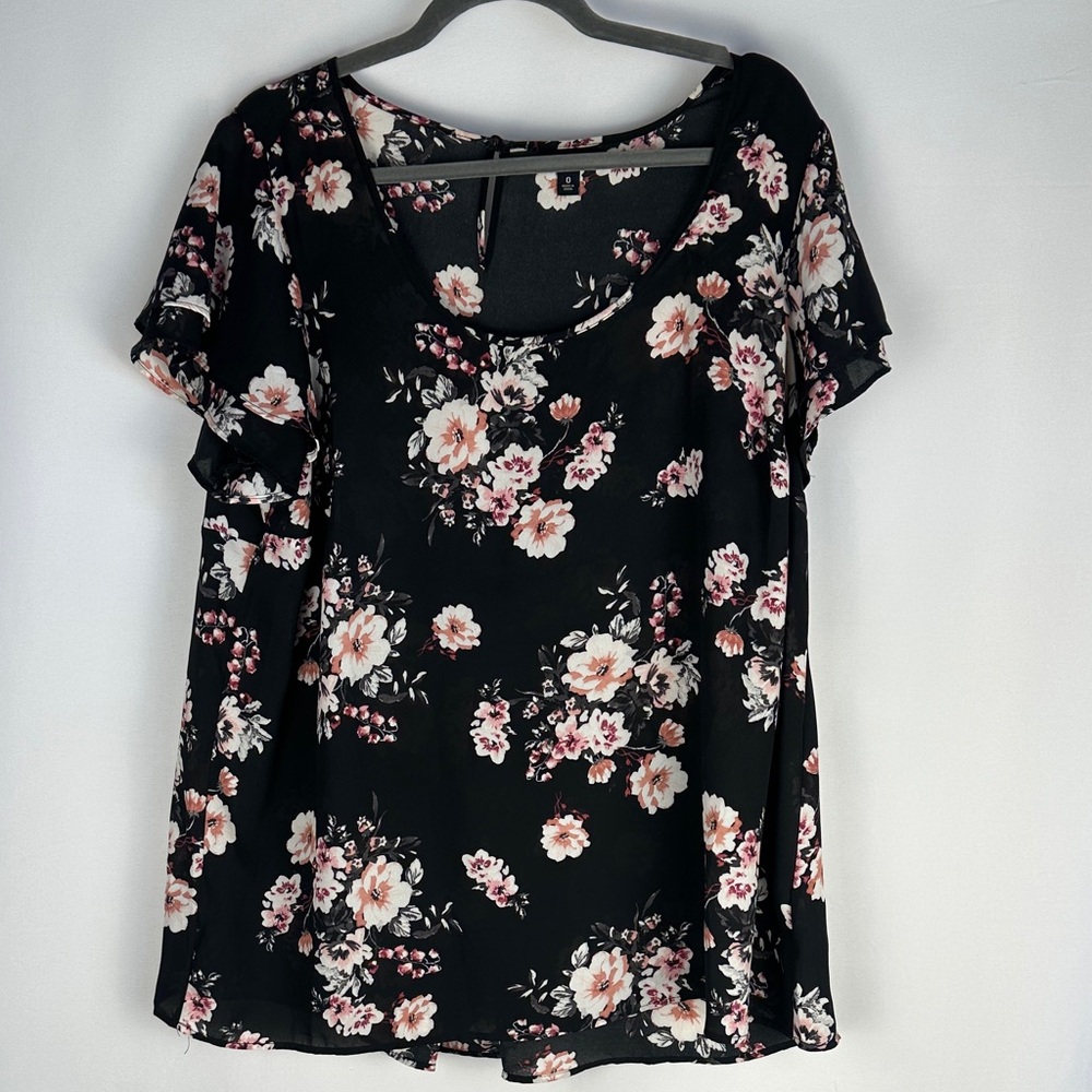 Torrid Black & Pink Floral Flutter Georgette Blouse Top